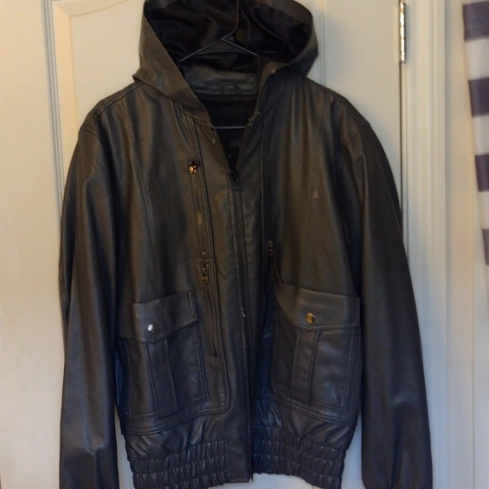 Black apple leather hoody jacket,Large gray/black, zip up